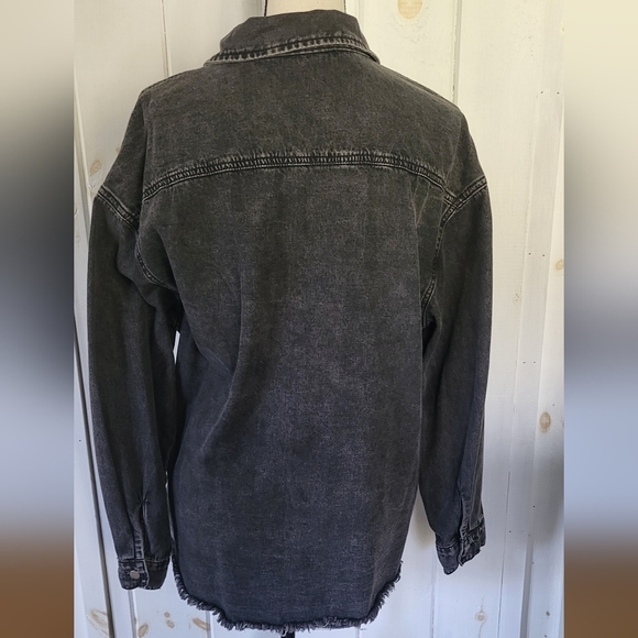 Ripped Hem Denim Button Front Long Sleeve Jacket Shacket - Picture 6 of 13